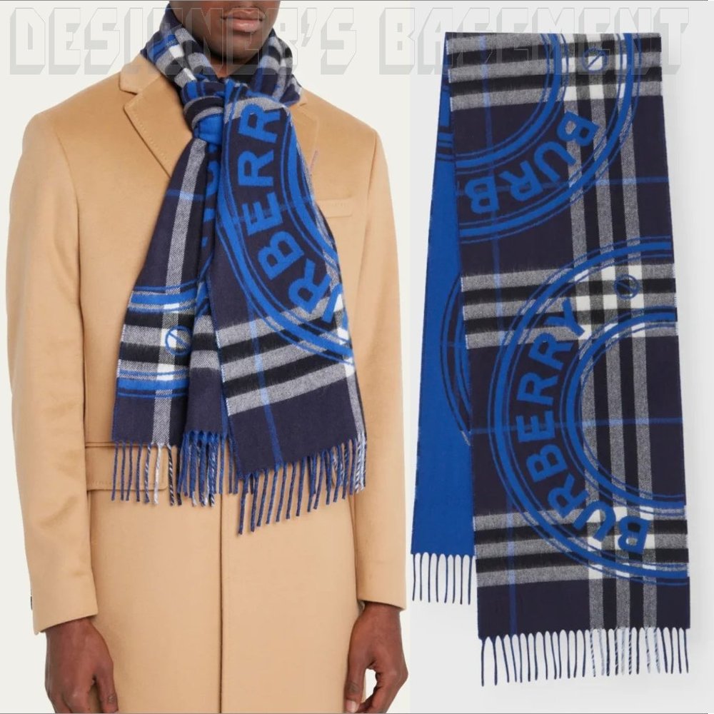 BURBERRY gray ROUNDEL GIANT CHECK reversible to blue LOGO Cashmere 12x66" Scarf - Picture 3 of 7